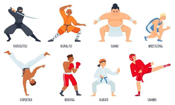 Fighters flat set with isolated doodle style characters of martial arts athletes with editable text captions vector illustration - Vector, Image