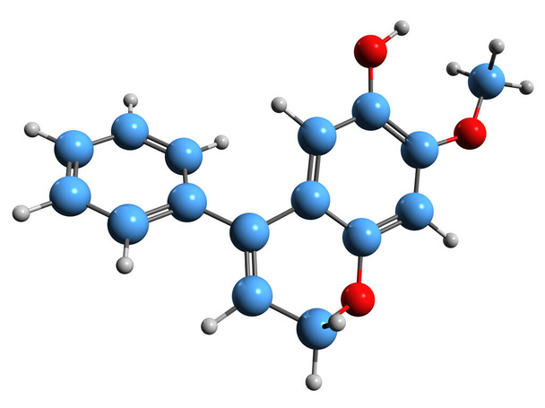  3D-зображення скелетної формули Дальбергіхромена - молекулярна хімічна структура неофлавіну ізольована на білому тлі
 - Фото, зображення