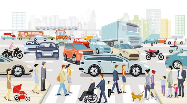 Stadssilhouet met wegverkeer en mensen op de oversteekplaats illustratie - Vector, afbeelding