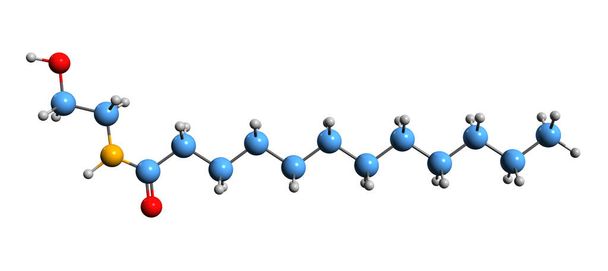  3D-beeld van cocamide monoëthanolamine skeletformule - moleculaire chemische structuur van Cocamide MEA geïsoleerd op witte achtergrond - Foto, afbeelding