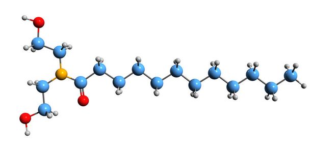 Kokamididietanoliamiinin luurankokaavan 3D-kuva - Cocamide DEA:n molekyylikemiallinen rakenne eristettynä valkoisella pohjalla - Valokuva, kuva