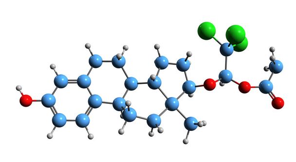 3D obraz Cloxestradiol octan formuła szkieletowa - molekularna struktura chemiczna steroidowych estrogenów izolowanych na białym tle - Zdjęcie, obraz