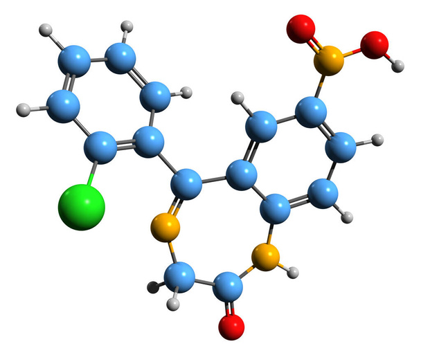  3D obraz kosterního vzorce Clonazepamu - molekulárně chemická struktura sedativa izolovaného na bílém pozadí - Fotografie, Obrázek