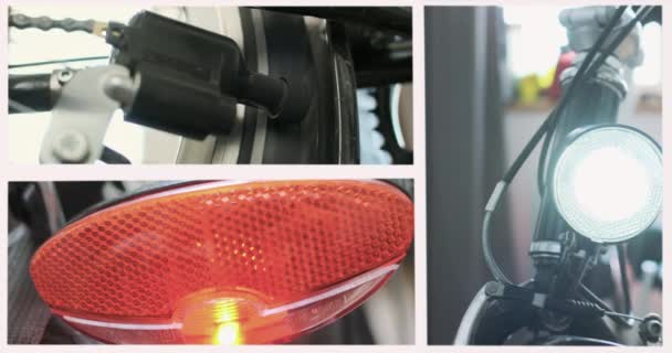 Praca dynamometru na rowerze. Światła przednie i tylne są włączone. Kolaż. Dynamo wiruje z powodu koła roweru. Wysokiej jakości materiał 4k - Materiał filmowy, wideo