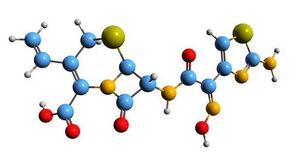  Cefdinir骨格式の3D画像-白い背景に単離された抗生物質の分子化学構造 - 写真・画像