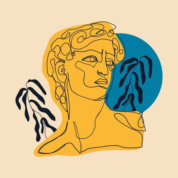 Αρχαία ελληνική γλυπτική. Ελλάδα μυθολογία άγαλμα σκίτσο David κεφάλι μία γραμμή στυλ, αντίκες θεός. Διάνυσμα σύγχρονη τέχνη. - Διάνυσμα, εικόνα