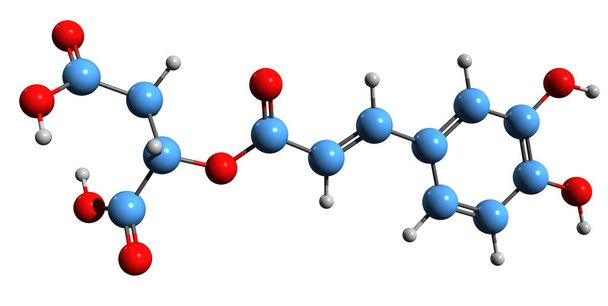 Imagen 3D de la fórmula esquelética del ácido cafeolílmico - estructura química molecular del éster del ácido hidroxicinámico aislado sobre fondo blanco - Foto, imagen