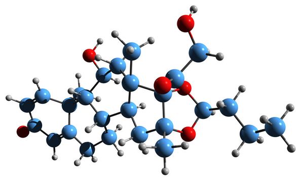  Image 3D de la formule squelettique du budésonide - structure chimique moléculaire du médicament corticostéroïde isolé sur fond blanc - Photo, image