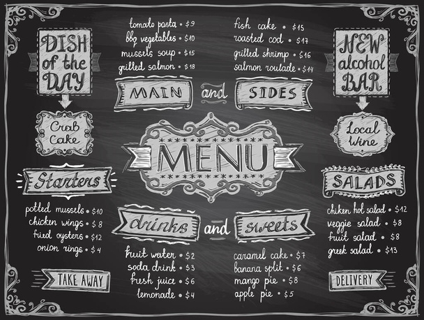 Chalk menu list blackboard design - main and sides, drinks and sweets, salads and starters, dish of the day and alcohol bar - Vettoriali, immagini