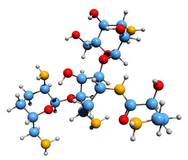 Image 3D de la formule squelettique de l'arbékacine - structure chimique moléculaire de l'antibiotique aminoglycoside isolé sur fond blanc - Photo, image