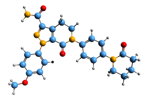 Image 3D de la formule squelettique d'Apixaban - structure chimique moléculaire du médicament anticoagulant isolé sur fond blanc - Photo, image