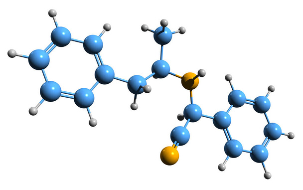 3D-Aufnahme der Amfetaminil-Skelettformel - molekulare chemische Struktur des Stimulans auf weißem Hintergrund isoliert - Foto, Bild