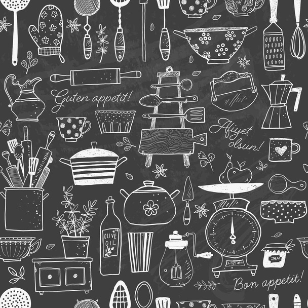 Seamless pattern with doodle kitchen utensils. Can be used for wallpaper, pattern fills, textile, web page background, surface textures - Vektori, kuva