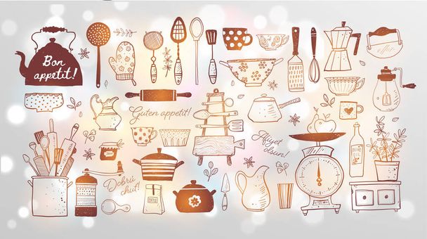 Big set of kitchen doodle sketch utensils hand-drawn with ink on white glowing background. Cups, teapots, pots. bottles. chopping boards ets. Bon appetit in different languages - Vecteur, image