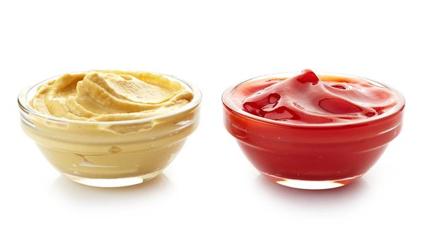 bowls of mustard sauce and ketchup - Photo, Image