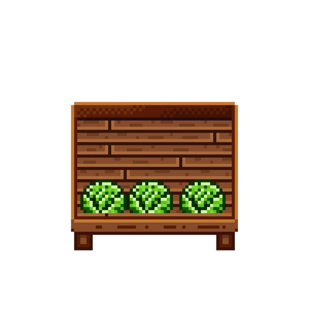 Vegetable shop pixel art. Cabbage in a wooden crate. Green headed cabbage, pixel art on white background. - Vektori, kuva