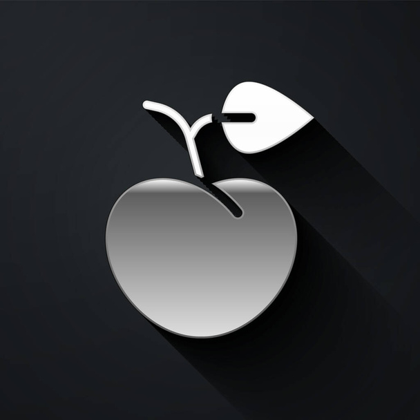 Silberne Pfirsichfrucht oder Nektarine mit Blattsymbol auf schwarzem Hintergrund. Langer Schatten. Vektor. - Vektor, Bild