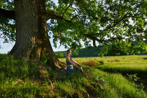 Young woman practicing yoga and meditation in a forest with centennial oak trees - Foto, Imagem