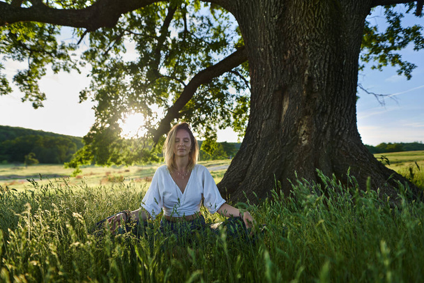 Young woman practicing yoga and meditation in a forest with centennial oak trees - 写真・画像