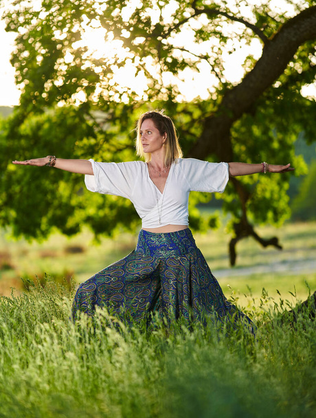 Junge Frau praktiziert Yoga und Meditation in einem Wald mit hundertjährigen Eichen - Foto, Bild