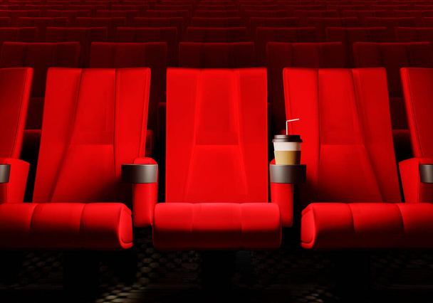 Rows of red velvet seats watching movies in the cinema with copy space banner background. Entertainment and Theater concept. 3D illustration rendering - Foto, Imagen