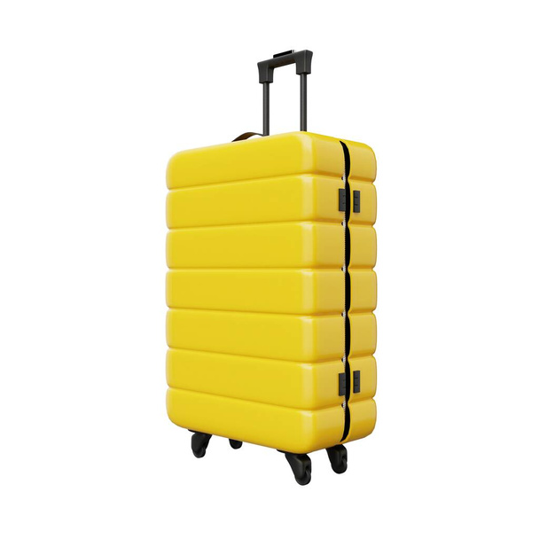 Yellow trolley suitcase on isolated white background. Travel object and wanderlust concept. 3D illustration rendering - Φωτογραφία, εικόνα