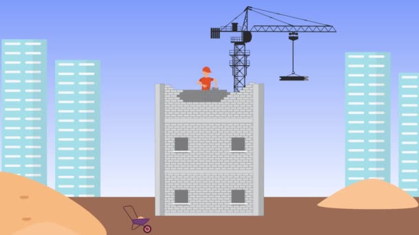 Építőmunkások épít épületek tégla blokkok és cement 4K animáció. Egy kőműves, aki egy épületet épít a kézifegyverével. Az építkezés alatt egy daru húzza fel cement animáció. - Felvétel, videó