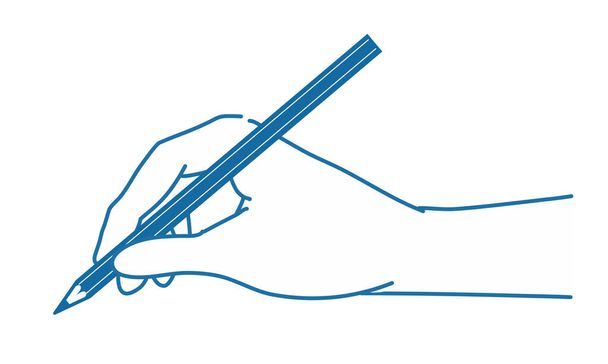 Illustratie van een hand met een potlood, zijkant, rechterhand, lijntekening, blauw. - Vector, afbeelding