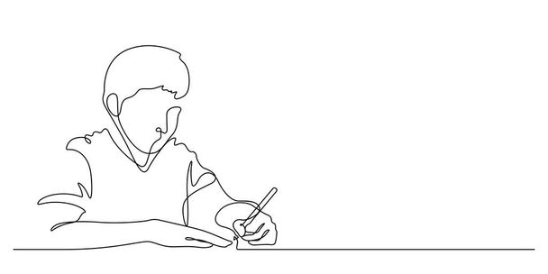 una línea dibujo de felicidad chico estudiante escritura - Vector, Imagen