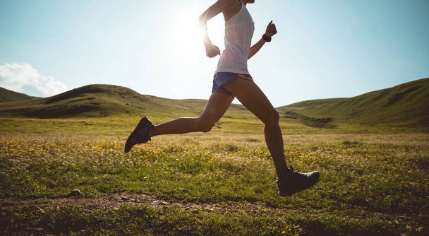 Young fitness woman trail runner running on high altitude grassland - Foto, afbeelding