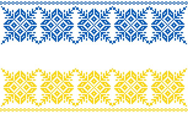 白い背景に国の色で編み物針で刺繍されたウクライナの装飾。ウクライナの国旗。ウクライナの刺繍ベクトル。ノルウェーのジャカード。ウクライナの民族衣装。刺繍のパターン - 写真・画像