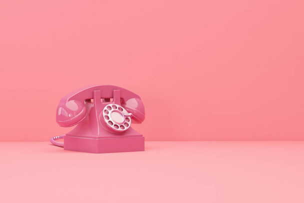 Vintage phone with twisted wires. Retro technology on pastel pink background. Minimal composition for social media and workplace concept. 3d render - Zdjęcie, obraz