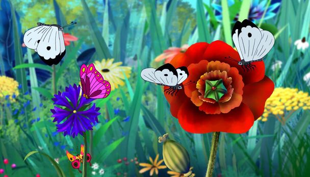 Borboleta branca voou em uma flor. Pintura digital desenho animado estilo ilustração a cores
. - Foto, Imagem