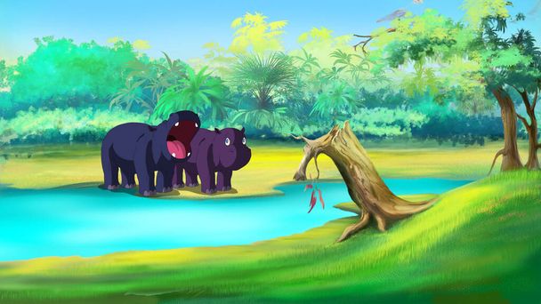 Zwei kleine Flusspferde gehen an einem sonnigen Sommertag im Fluss schwimmen. digitale Malerei Cartoon-Stil vollfarbige Illustration. - Foto, Bild