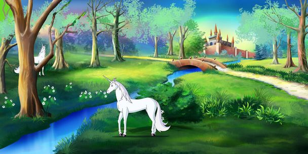Biały jednorożec w magicznym lesie w pobliżu bajkowego zamku. Ilustracja kolorowy styl kreskówka obraz cyfrowy. - Zdjęcie, obraz