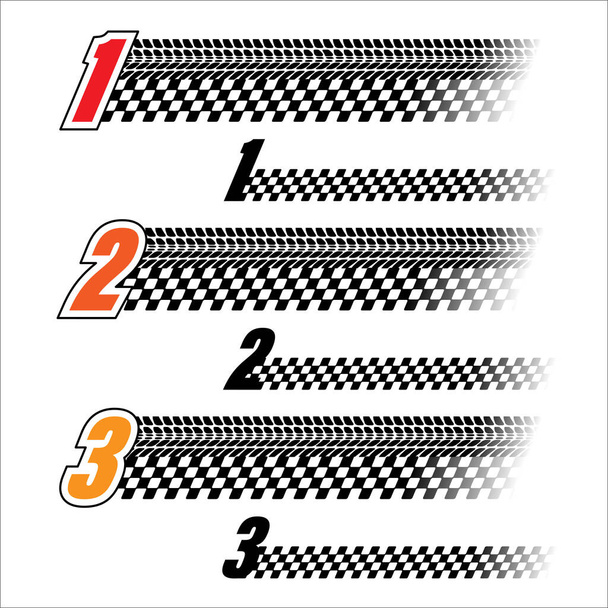 Verschiedene schwarz-weiße Sportflaggen-Silhouetten für Start und Ziel. Reifenspuren und Zählnummern - Vektor, Bild