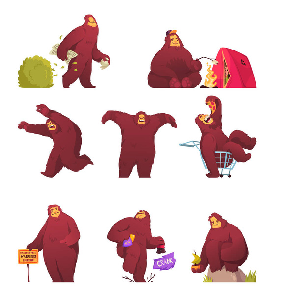 Divertido personaje de dibujos animados bigfoot conjunto con criatura peluda haciendo varias actividades ilustración vectorial aislado - Vector, imagen