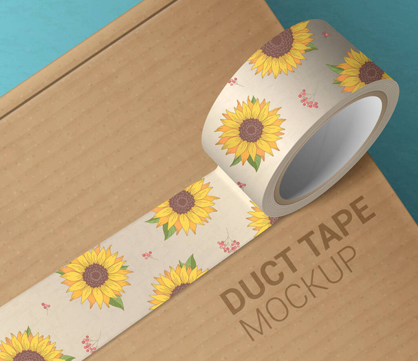 Duct tape mockup realistic composition with cardboard background editable text and tape roll with sunflower images vector illustration - Vector, Image
