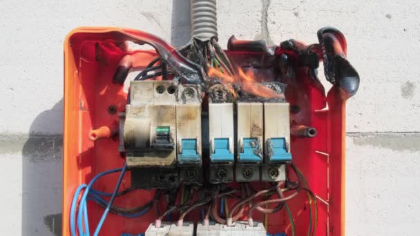 Burning switchboard from overload or short circuit on wall. Circuit breakers on fire and smoke from overheating due to poor connection or poor quality wires. Dangerous home electrical wiring concept - Footage, Video