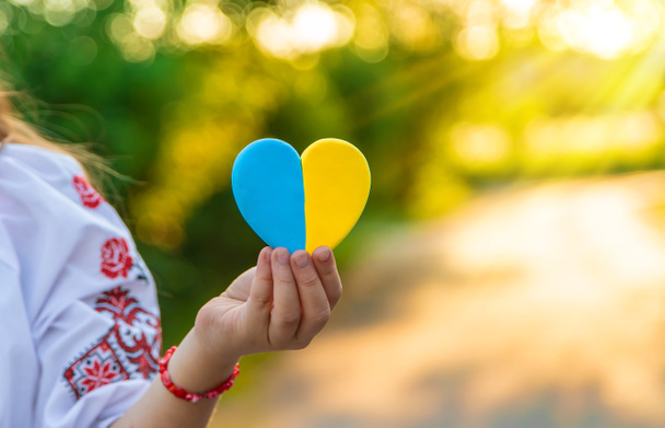 Un niño sostiene un corazón de la bandera ucraniana. Enfoque selectivo. Gente. - Foto, imagen