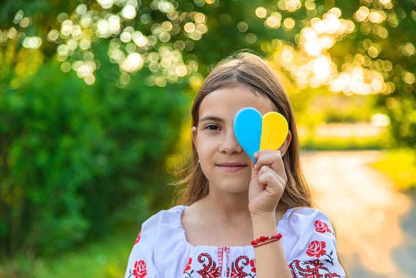 A child holds a heart of the Ukrainian flag. Selective focus. People. - Photo, Image