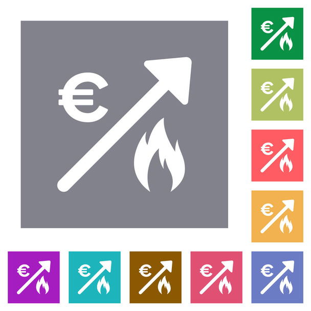 Rising gas energy european Euro prices flat icons on simple color square backgrounds - Vector, Image