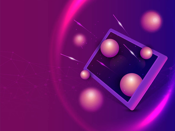 3D Balls Or Sphere Popping Out From Smartphone Or Tablet Screen On Abstract Polygonal Pink And Blue Background. - Vecteur, image