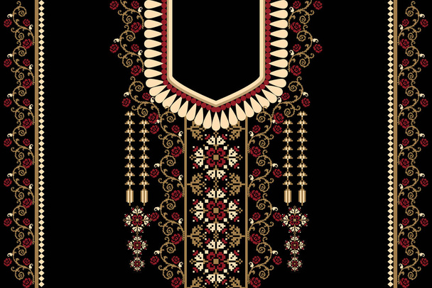 Beau décolleté floral broderie.motif oriental ethnique géométrique traditionnel sur fond noir.Style aztèque, abstrait, vecteur, illustration.design pour la texture, tissu, mode femmes portant, vêtements - Vecteur, image