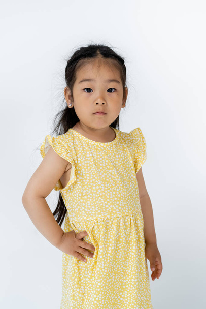 brunette preschooler asian girl posing with hand on hip while looking at camera isolated on grey  - Photo, Image