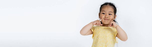 portrait of preschooler asian girl pointing at cheeks isolated on grey, banner - Photo, Image