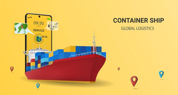 モバイルサービス、オンライン注文追跡、グローバル物流、船の配達、海上物流のコンテナ船によるオンライン配信。都市物流倉庫貨物宅配便。ウェブサイトやバナーのコンセプト。3Dパースペクティブベクトルイラスト - ベクター画像