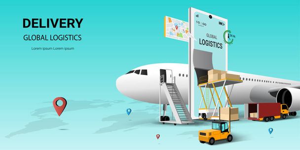 モバイル、輸送上のグローバル物流オンラインサービス。航空貨物輸送。オンライン注文。飛行機、倉庫、小包箱。3Dパースペクティブベクトルイラスト - ベクター画像