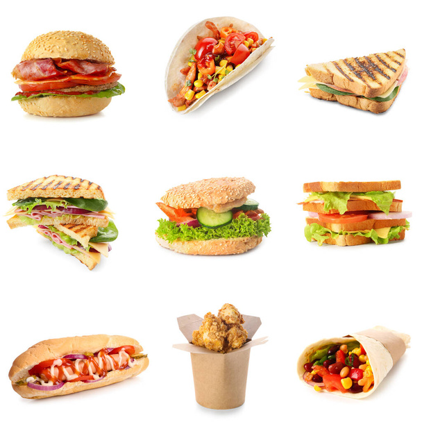 Set of different tasty fast food isolated on white - Photo, Image