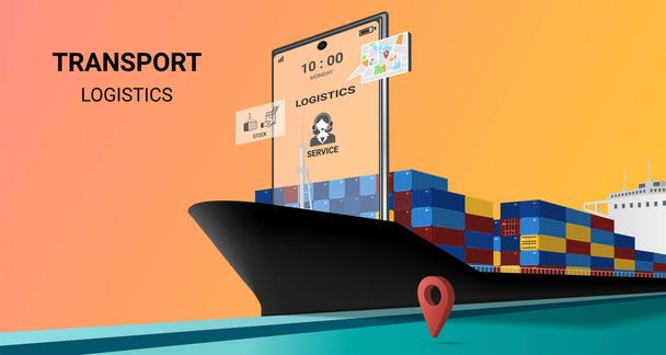 モバイルサービス上の貨物船によるオンライン輸送、オンライン注文追跡、グローバル物流、海上物流。船、倉庫、貨物、コンテナ、宅配便。ウェブサイトやバナーのコンセプト。3Dパースペクティブベクトルイラスト - ベクター画像